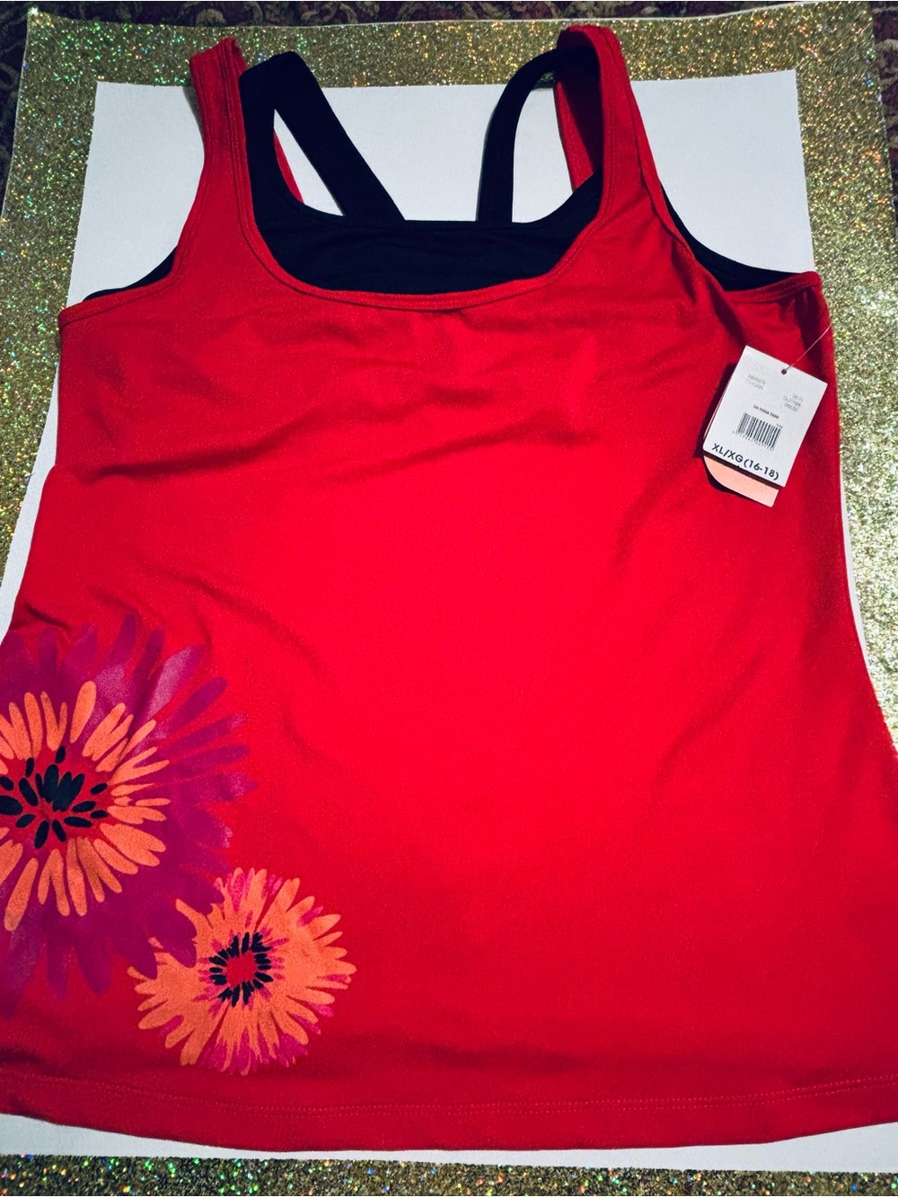Xhilaration Red Tank Top with Black Shelf Bra and Floral Print